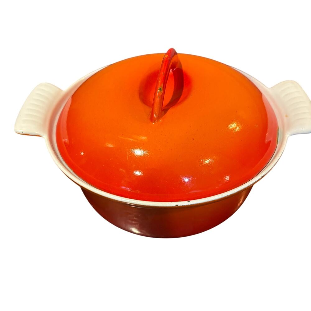 Vintage Descoware Cast Iron Dutch OvenFE 18  Flame Orange Belgium Mid Century